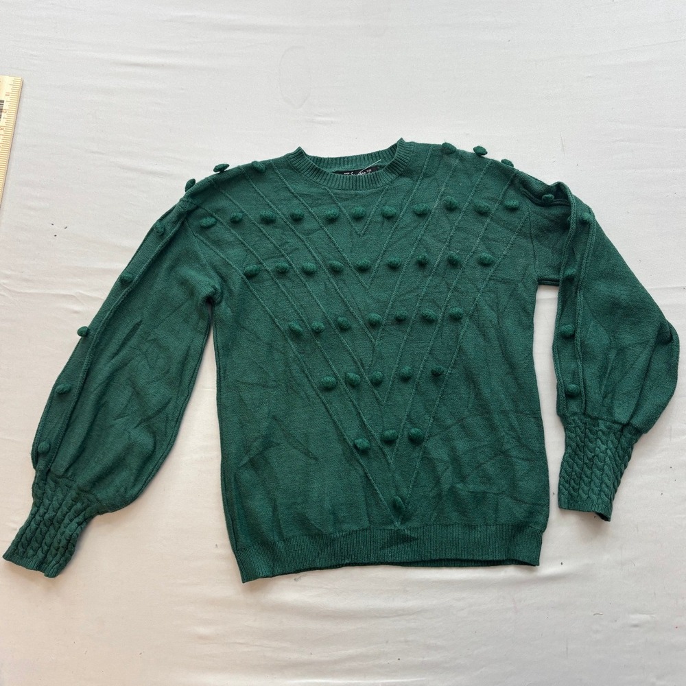 Simplee Green Pom Pom Chevron Knit Sweater Balloon Sleeve Smocked Cuff Small